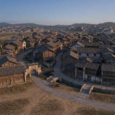 古风灰瓦村落鸟瞰场景