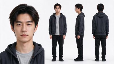 年轻亚裔男性休闲穿搭三视图 · 年轻男性、休闲穿搭、三视图、棚拍、连帽卫衣