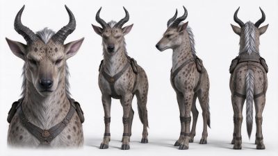 奇幻风格带角斑点四足幻想生物多角度展示图 · 幻想生物、四足坐骑、带角生物、斑点皮毛、皮革鞍具