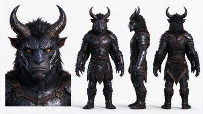 奇幻四臂牛首人怪物三视图设定图 · 奇幻角色、牛首人、四臂怪物、三视图设定、写实3D