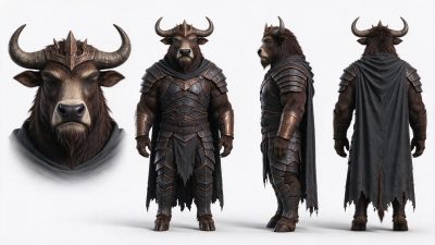 暗铜盔甲公牛人角色三视图与头部特写 · 牛头人、奇幻角色、三视图、盔甲、幻想战士