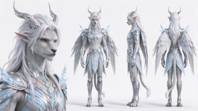 奇幻冰霜狮翼角色三视图设定 · 奇幻生物、人化狮兽、三视图设定、冰蓝战甲、羽翼生物