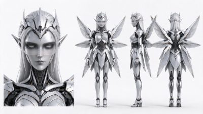 科幻机械精灵女性角色三视图设定图 · 科幻机甲、机械精灵、女性角色、三视图设定、银白色调