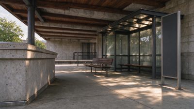 城市石质建筑遮阴廊道空间 · 城市公共空间、遮阴廊道、清水混凝土建筑、复古工业风、长椅