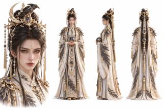 古风仙侠女性角色三视图设定板：金色新月乌鸦头冠与白金羽毛长袍 · 古风仙侠、三视图设定板、金色新月乌鸦头冠、白色织金羽毛长袍、暗色水晶宝珠
