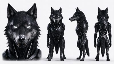 科幻战斗机械狼多角度设定三视图 · 机械狼、科幻生物、角色设定、3D渲染、多视图展示