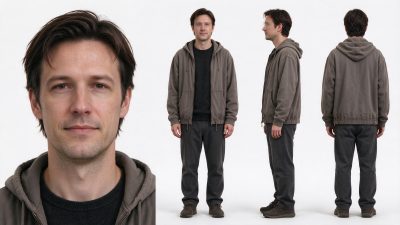 休闲穿搭男性人物多视图设定稿 · 写实人像、男性角色、多视图设定、休闲穿搭、纯白背景