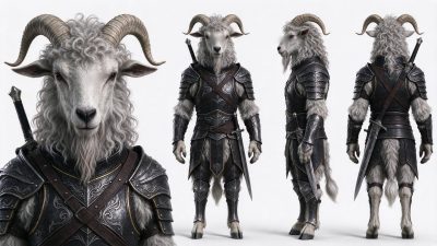 半人羊战士角色四视图 · 奇幻角色、半人羊、羊头人、战士盔甲、多视图设定