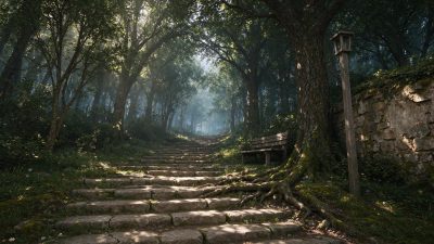 晨雾中的林间石阶古道 · 林间石阶、晨雾、丁达尔效应、老旧石墙、森林长椅