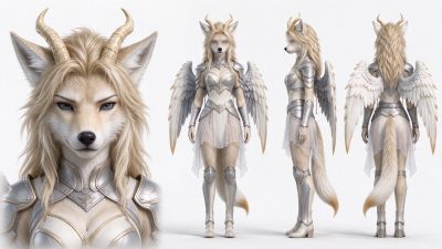 带翼狐族女性盔甲角色设定图 · 狐族、带翼奇幻种族、银白色盔甲、角色设定图、天使翅膀
