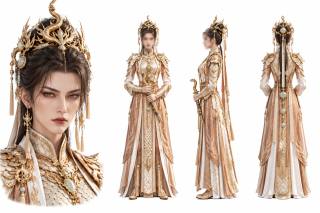 金冠玉饰仙侠女性角色三视图设定板 · 角色设定板、三视图、仙侠古风、金色龙形凤冠、铠甲礼服