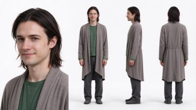 年轻男性四视图穿搭展示 · 年轻男性、穿搭展示、四视图、影棚拍摄、简约风格