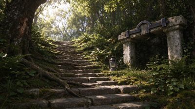 午后林间石阶 · 林间古石阶、苔藓石径、复古残石门、自然光影、森林植被