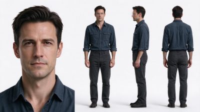 成年男性角色多视图设定图 · 成年男性、角色设定、棚拍写真、牛仔衬衫、三视图