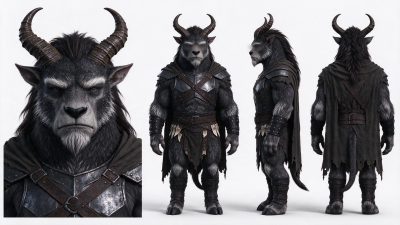 黑毛羊头人战士角色设定图 · 羊头人、战士、魔幻角色、三视图、写实3D