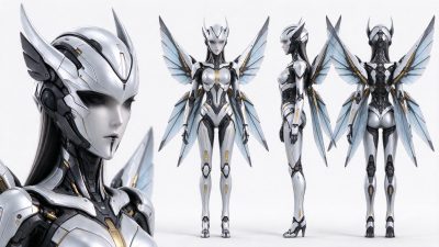 女性人形机甲多视角展示图 · 女性人形机甲、机械翼、科幻角色、多视角展示、金属质感