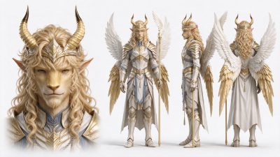 奇幻人型狮面带翼尖耳圣骑士多视图设定 · 奇幻角色、圣骑士、人型幻想生物、狮面精灵、带翼角色