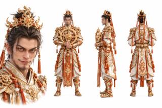 鎏金宝冠白甲仙武男性角色三视图设定板 · 三视图设定板、古风仙侠、鎏金宝冠、白金铠甲、男性角色