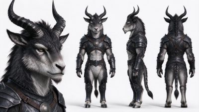奇幻羊人战士多视图设定 · 奇幻生物、羊人、战士、角色设定、多视图