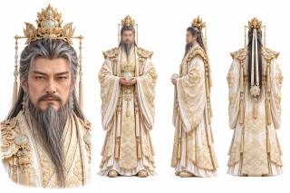 金冠白袍持玉老年帝王角色三视图设定板 · 角色设定板、三视图、中国古风帝王、写实CG、金色宝冠