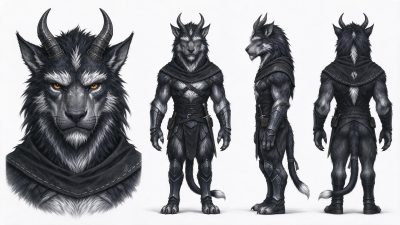 《上古卷轴》风格黑毛狼族角色设定三视图 · 奇幻角色设定、狼族、类人奇幻生物、三视图、黑皮甲