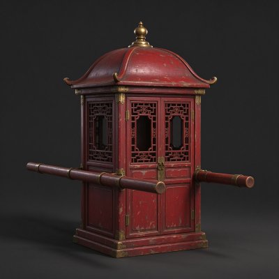 中国古代朱红木雕花轿 · 花轿、中式传统器物、朱红漆木作、黄铜构件、影棚商品展示
