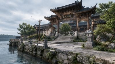 湖畔中式古建山门