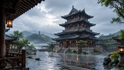 雨雾中的东方古建楼阁庭院