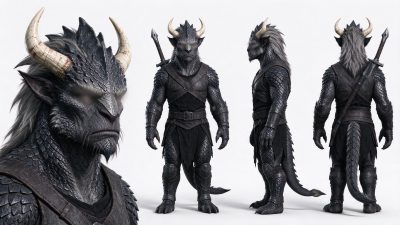 暗鳞龙裔战士多角度3D设定图 · 龙裔、奇幻角色、3D渲染、战士、多角度设定