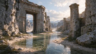 山间河谷中的古代石质遗迹 · 古代遗迹、石拱门、河谷、自然风光、石灰岩地貌