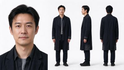 东亚中年男性写实人物三视图 · 人物三视图、中年男性、风衣穿搭、白底棚拍、写实人像