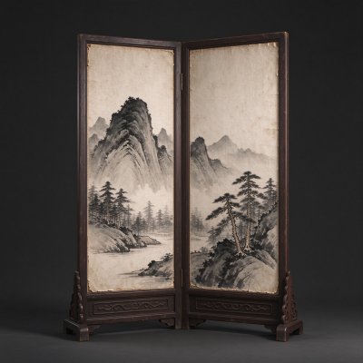 中式古旧两折山水纹屏风 · 屏风、中式古典家具、水墨山水、古董器物、家具摆件