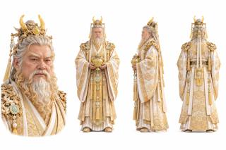 金冠玉角白须帝君人物三视图设定板 · 人物设定板、三视图、神仙帝君、写实3D渲染、白底影棚