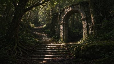 林间石阶尽头的石拱门遗址 · 森林、石拱门、石阶、古遗迹、苔藓