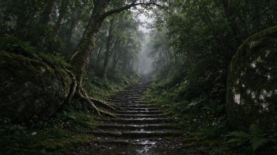 薄雾笼罩的青苔石阶森林小径 · 森林、青苔石阶、薄雾、自然风光、古树