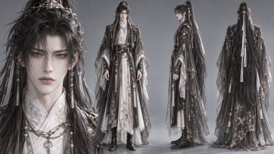 古风仙侠男性角色设定三视图 · 古风美男、仙侠服饰、多视图角色设定、金线刺绣、流苏配饰