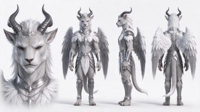 白毛狮翼奇幻生物角色设定三视图 · 奇幻兽人、狮型人、银甲、白色羽翼、角色设定