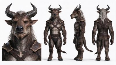 拟人化公牛战士多视图3D设定 · 牛头人、奇幻角色、战士、3D渲染、多视图设定