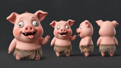 卡通小猪3D角色设定稿 · 拟人小猪、卡通角色、顽皮神态、3D渲染、粗麻布服饰