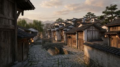 黄昏下的中国古镇街景