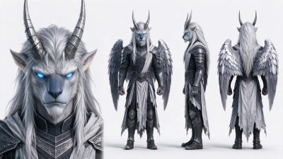 带翼羊角狮面奇幻角色设定 · 奇幻角色、狮面人形、带翼、金属铠甲、三视图