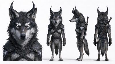 奇幻人形带角狼战士多视角设定 · 奇幻生物、人形狼人、带角兽类、战士角色、3D渲染