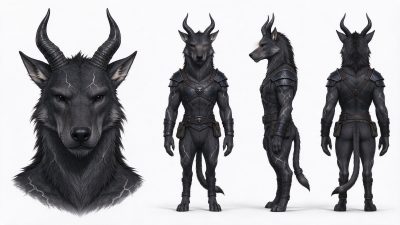 暗黑奇幻狼人战士多视图设定图 · 奇幻生物、狼人、战士、多视图设定、暗黑奇幻