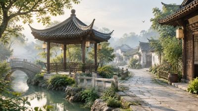 晨雾江南古亭石桥
