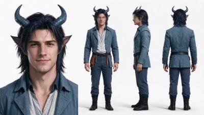 男性提夫林（Tiefling）3D角色设定图 · 提夫林、男性角色、3D建模、角色三视图、奇幻设定