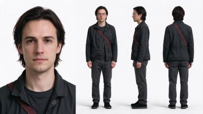 男性角色四视图标注素材 · 男性角色、四视图、纯白棚拍背景、休闲工装穿搭、写实摄影