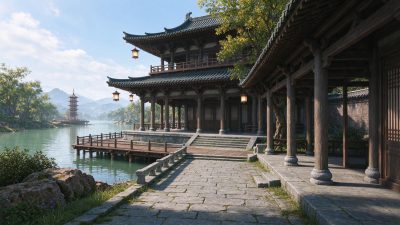 中式古典临水古建筑庭院场景 · 中式古建、园林场景、临水建筑、传统楼阁、3D渲染场景