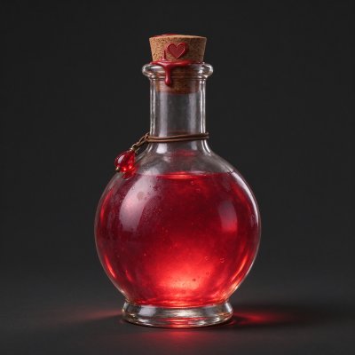 红心封印透明玻璃魔法药水道具 · 魔法药水瓶、玻璃容器、红色液体、软木塞、奇幻道具