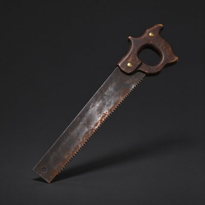写实3D渲染老旧木工手锯 · 木工工具、老旧器物、手锯、复古道具、金属锈迹