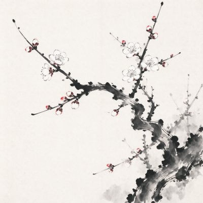 水墨白梅图 · 国画、白梅、水墨、东方美学、花卉